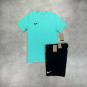 Nike Dri-Fit T-Shirt and Shorts Set in turquoise and black, featuring moisture-wicking fabric for a comfortable fit and a bold, athletic style.