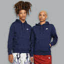 Nike Club Hoodie in midnight navy with white accents, featuring a classic design and soft fleece fabric for warmth and everyday comfort.