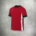 Nike Academy Short Sleeve T-Shirt in red, featuring a lightweight, moisture-wicking design for a comfortable and athletic look.