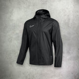 Nike Academy Rain Jacket in black, featuring a water-resistant design for comfort and protection in wet conditions.