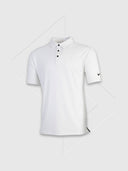 White polo shirt with a Nike logo on a light gray background