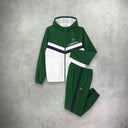 Lacoste Diamond Taffeta Tennis Tracksuit Set in green and white, featuring a sporty jacket and matching pants designed for comfort and performance on the court.