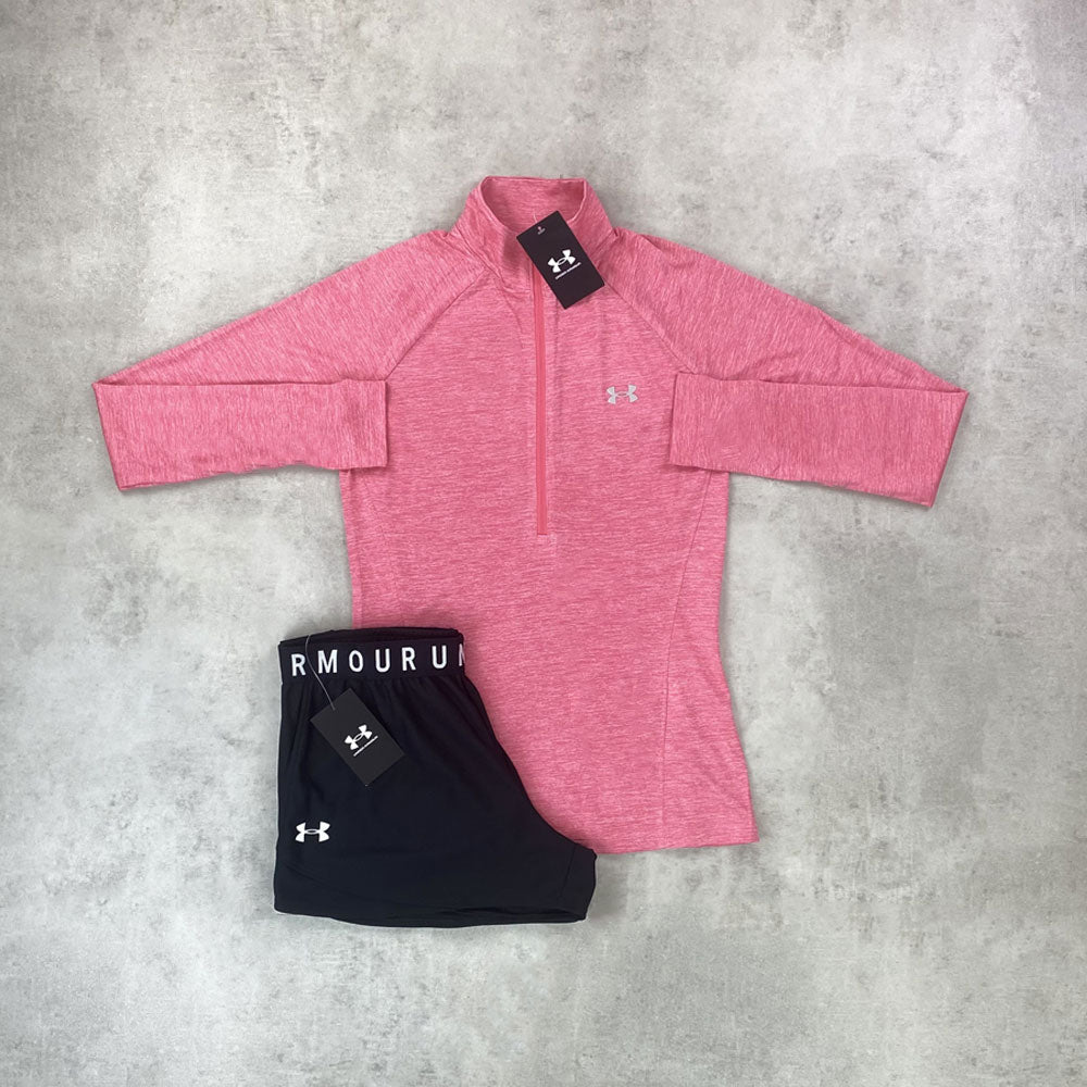 under armour pink half zip and shorts set 